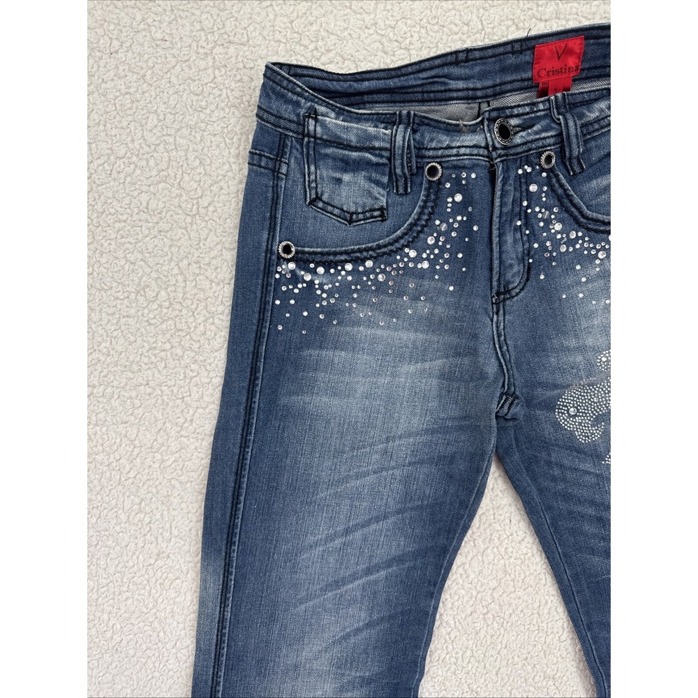 V Cristina Jeans Women Size 2 Blue Embellished Bling Cross Studded Straight Leg - Picture 2 of 12